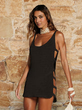Feminino sexy u pescoço sem mangas malha listras horizontais lado cortar praia mini vestido 2025 verão beachwear maiô cobrir k90
