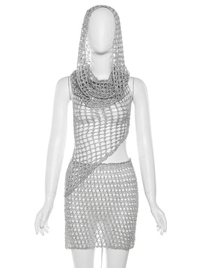 Estranho gato lantejoulas feminino 2 peças conjunto sexy ver através irregular sem costas com capuz regatas + pêssego hip saias meia-noite clubwear terno