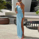 Para praia malha cobrir vestido de praia sexy ver através de fenda bodycon vestido de verão biquinis cover-ups elegante halter beachdress