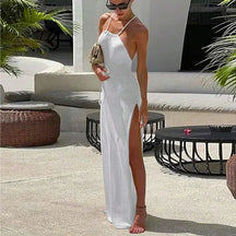 Para praia malha cobrir vestido de praia sexy ver através de fenda bodycon vestido de verão biquinis cover-ups elegante halter beachdress