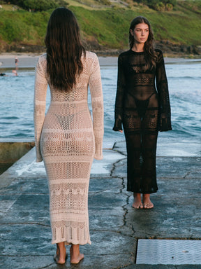 Vestido feminino sexy oco de malha, túnicas de manga comprida, para encobrir praia feminina, moda praia verão, novo, 2022