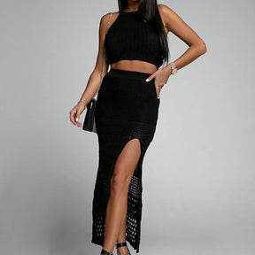 Novo estilo de tricô cor sólida regata textura fenda vestido senhoras praia protetor solar vestido terno oco para fora beachwear cobrir