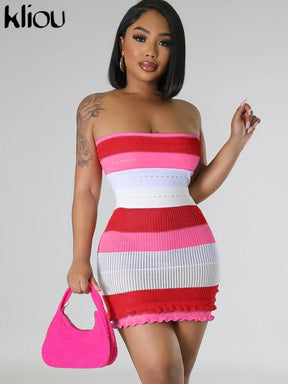 Kliou painéis listrado malha oco para fora mini vestido feminino casual envolto peito sem mangas bodycon menina quente streetwear outfit