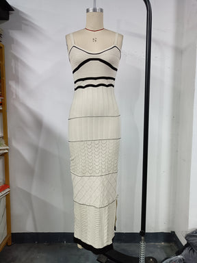 Listrado elegante malha crochê vestido feminino 2025 verão praia férias sem mangas sem costas vestidos longos femininos com decote em v vestidos sexy