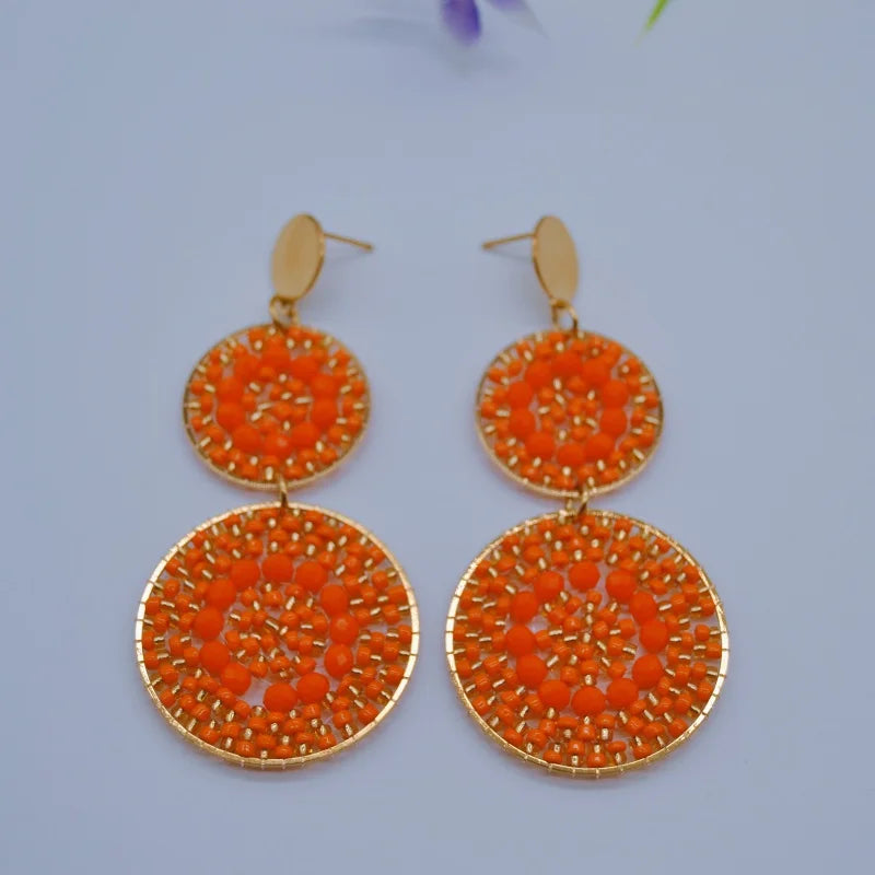 Brincos de contas redondos laranja girassol individualidade bohemia oco moda mão tricô simples arroz grânulo brincos