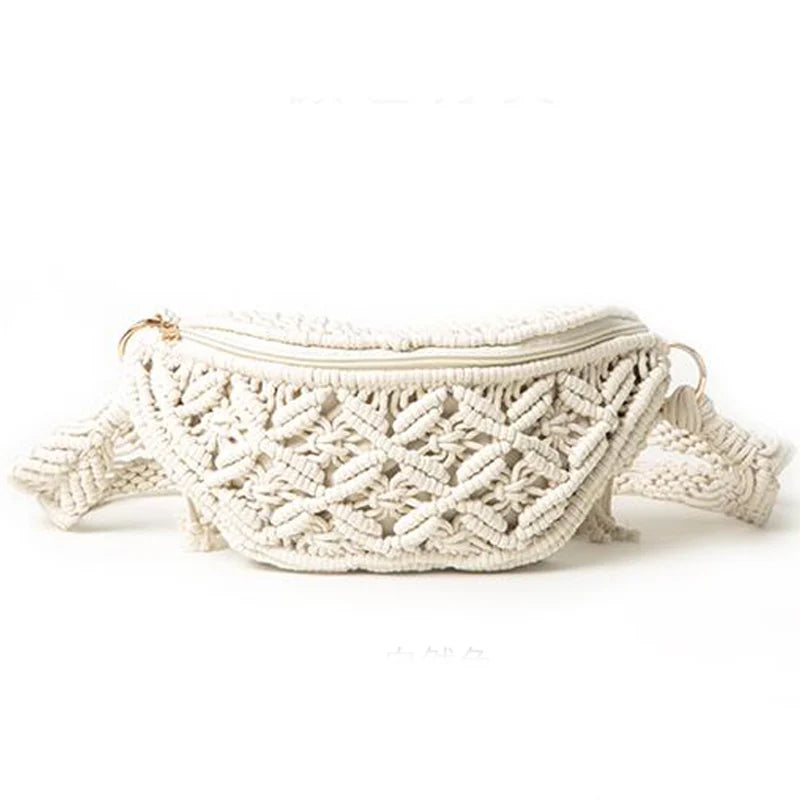 Bolsa de praia tecida à mão com borlas, boêmia, crochê de algodão oco, sacola de viagem, bolsa estilo étnico, bolsa axilas, verão