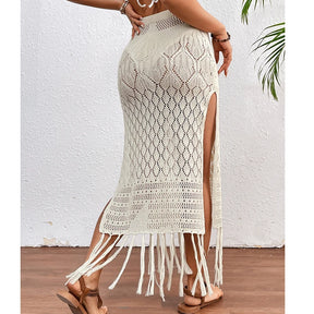 Saia sarong de malha para mulheres, fenda alta, encobrimento de borla, biquíni sexy, praia, férias, verão