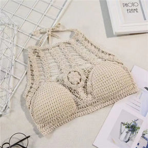 Crochet Crosia Bralette Top, Hollow-Out Halter pescoço, Openwork malha tanques, verão Camis, praia férias roupa