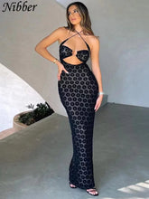 Nibber cor sólida pendurado pescoço maxi vestido sexy oco feminino perspectiva saco quadris robe feminino rua na moda vestidos roupas