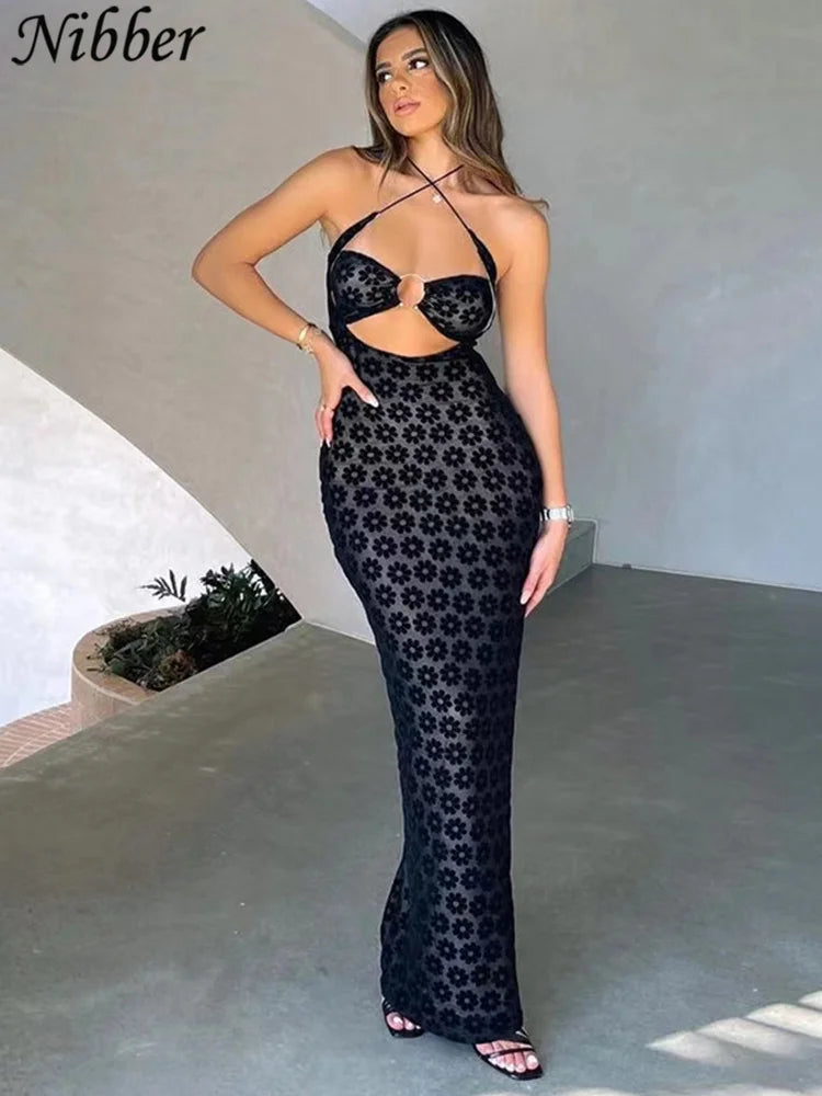 Nibber cor sólida pendurado pescoço maxi vestido sexy oco feminino perspectiva saco quadris robe feminino rua na moda vestidos roupas