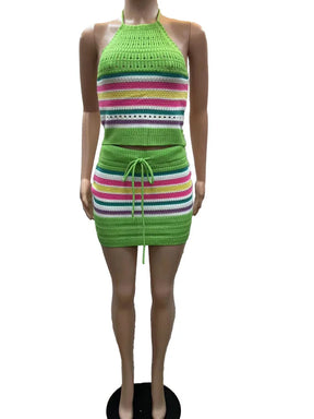 Beyprern elegante listrado malha conjunto de duas peças feminino halter rendas colheita superior + shorts combinando conjunto praia maiôs 2 peça conjunto