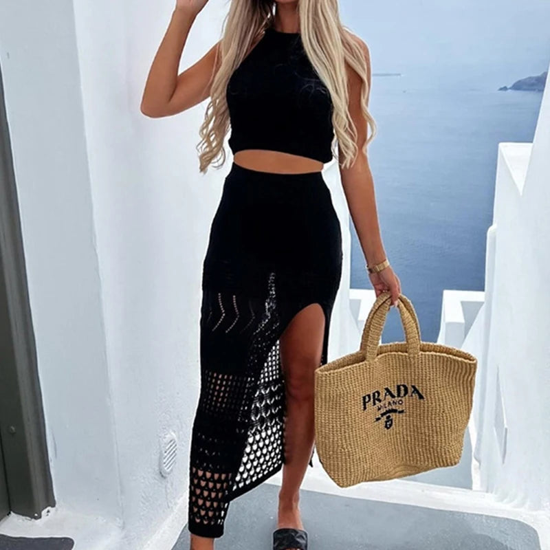 Novo estilo de tricô cor sólida regata textura fenda vestido senhoras praia protetor solar vestido terno oco para fora beachwear cobrir
