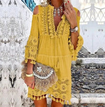 Nova primavera bordado crochê renda boho vestido feminino elegante fora do ombro borla plissado mini vestido de verão com decote em v senhora vestido de praia