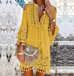 Nova primavera bordado crochê renda boho vestido feminino elegante fora do ombro borla plissado mini vestido de verão com decote em v senhora vestido de praia