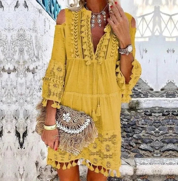 Nova primavera bordado crochê renda boho vestido feminino elegante fora do ombro borla plissado mini vestido de verão com decote em v senhora vestido de praia