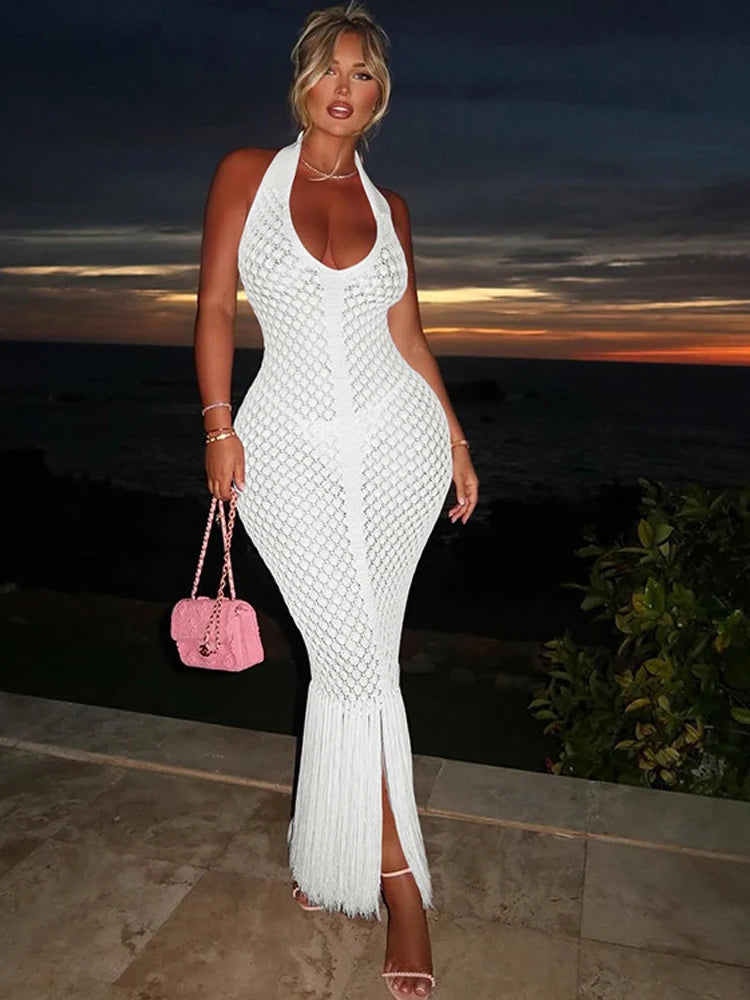 Vestido de Praia Crochet Com Franjas Olívia Fios
