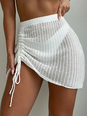 Moda e elegante saia curta festa na piscina com cordão vazado biquíni malha saia curta verão praia