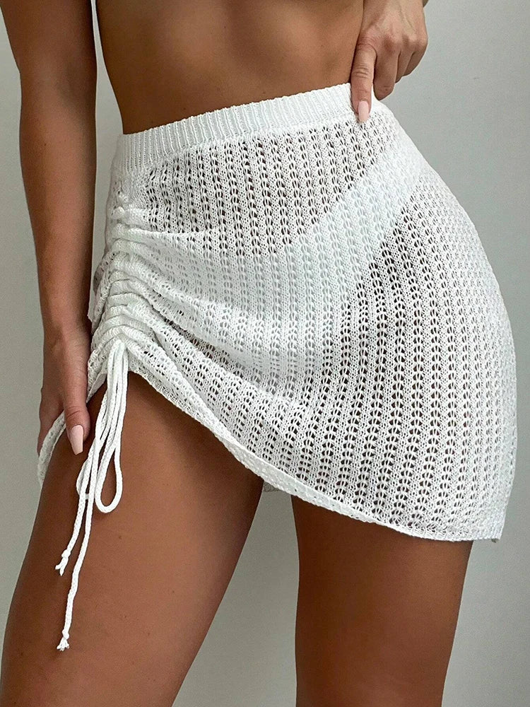 Moda e elegante saia curta festa na piscina com cordão vazado biquíni malha saia curta verão praia