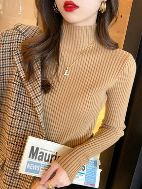 Elegante sólido básico de malha topos feminino gola alta camisola manga longa casual fino pulôver moda coreana simples roupas chiques