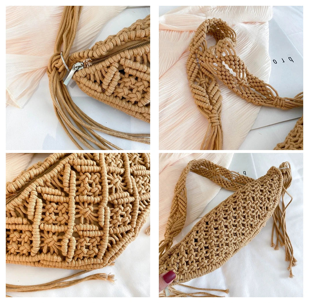 Bolsa de praia tecida à mão com borlas, boêmia, crochê de algodão oco, sacola de viagem, bolsa estilo étnico, bolsa axilas, verão