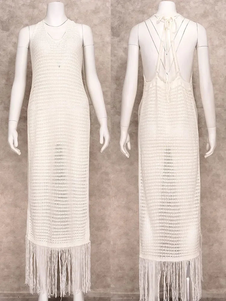 Vestido feminino sem encosto oco com franjas de malha de praia, túnica de crochê branco, maiô sexy, biquíni cobrindo, verão, A1288, 2024