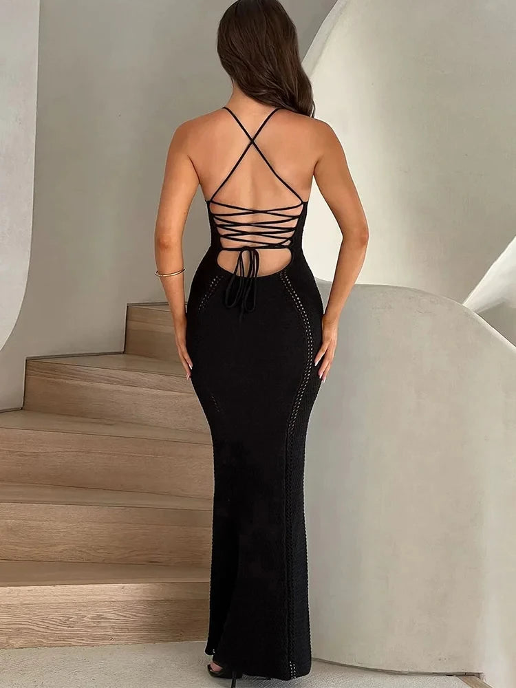 Bwq gato malha elegante vestido feminino sem mangas sem costas cruz bandagem estiramento simples sexy festa de aniversário clubwear vestidos finos