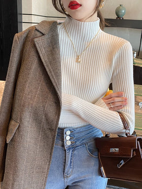 Elegante sólido básico de malha topos feminino gola alta camisola manga longa casual fino pulôver moda coreana simples roupas chiques