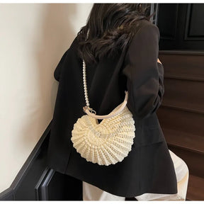 Criativo concha em forma de crochê feminino ombro sacos engraçado bonito pérolas correntes artesanal tecer crossbody saco novidade pequenas bolsas