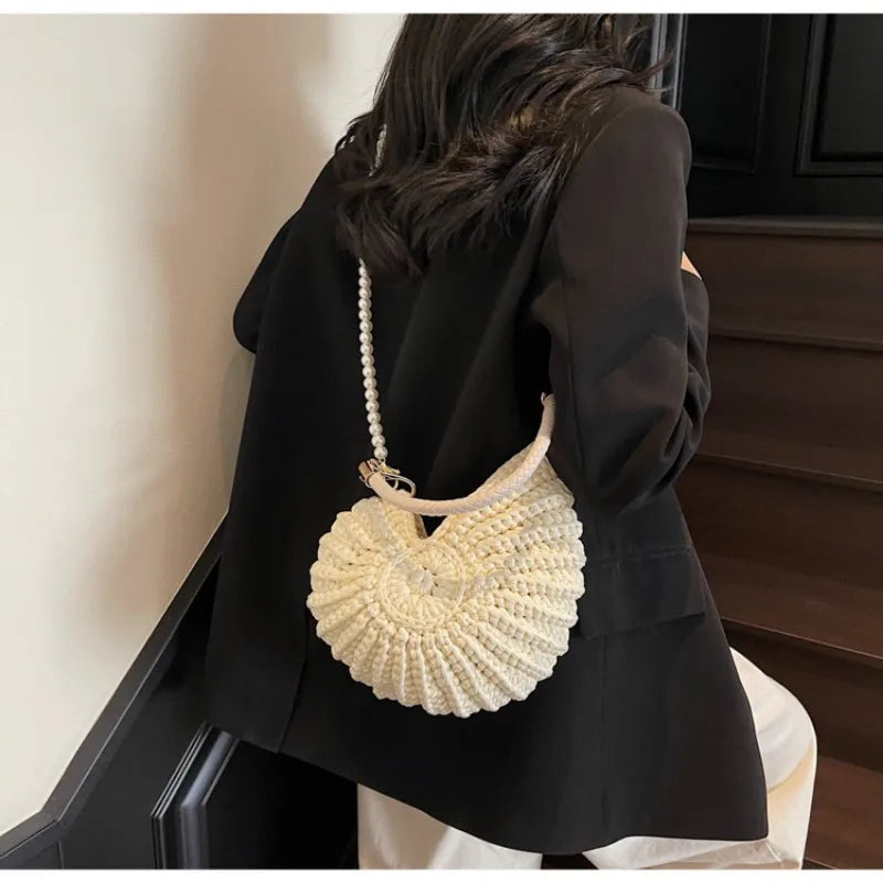 Criativo concha em forma de crochê feminino ombro sacos engraçado bonito pérolas correntes artesanal tecer crossbody saco novidade pequenas bolsas