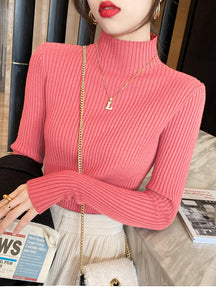 Elegante sólido básico de malha topos feminino gola alta camisola manga longa casual fino pulôver moda coreana simples roupas chiques