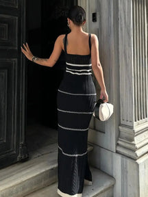 Listrado elegante malha crochê vestido feminino 2025 verão praia férias sem mangas sem costas vestidos longos femininos com decote em v vestidos sexy