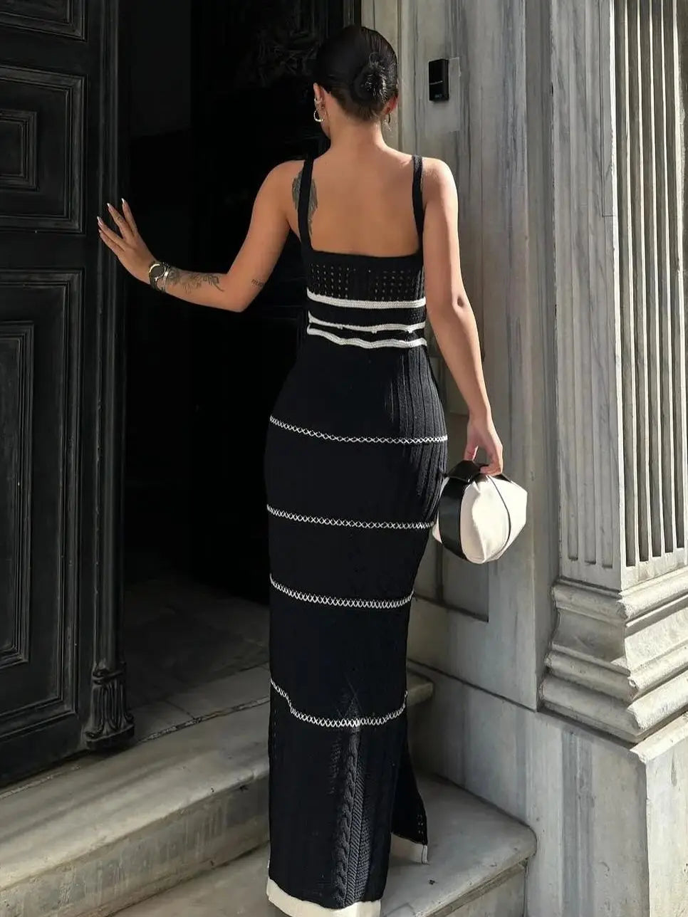 Listrado elegante malha crochê vestido feminino 2025 verão praia férias sem mangas sem costas vestidos longos femininos com decote em v vestidos sexy