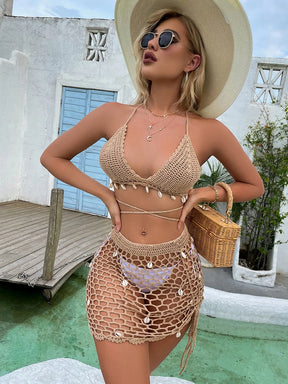 Estilo elegante feminino artesanal crochê oco lado cordão bikini cover-ups praia outing férias oco para fora saia concha
